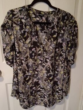torrid Black Floral V-Neck Blouse with Pastel Leaves